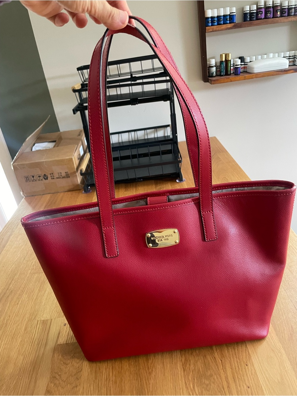Michael Kors Crimson Red Leather Tote with Gold Plaque